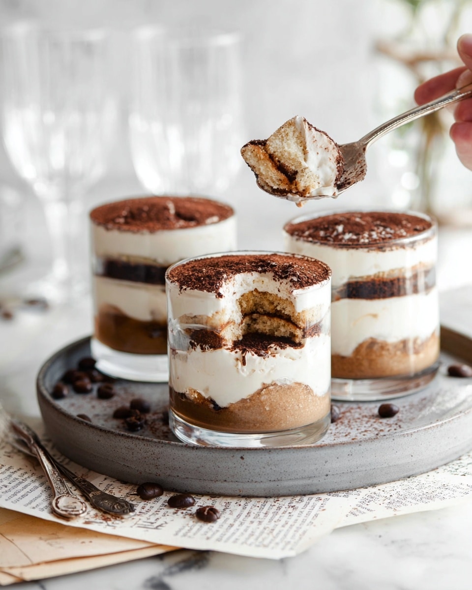 The image shows three clear glass cups filled with a layered dessert on a round gray tray over a torn book page, placed on a white marbled surface. Each dessert has four visible layers: starting from the bottom, a light brown soft cake soaked in coffee, then a thick white creamy layer, followed by another coffee-soaked cake layer, another thick white creamy layer, and topped with a layer of dark brown cocoa powder. One cup has a bite taken from it, revealing the layers inside. A woman's hand holds a spoon with a small piece of the dessert that shows the same layers. Coffee beans are scattered around the tray and surface, adding texture and detail. The background is softly blurred with white and clear glassware. Photo taken with an iphone --ar 4:5 --v 7