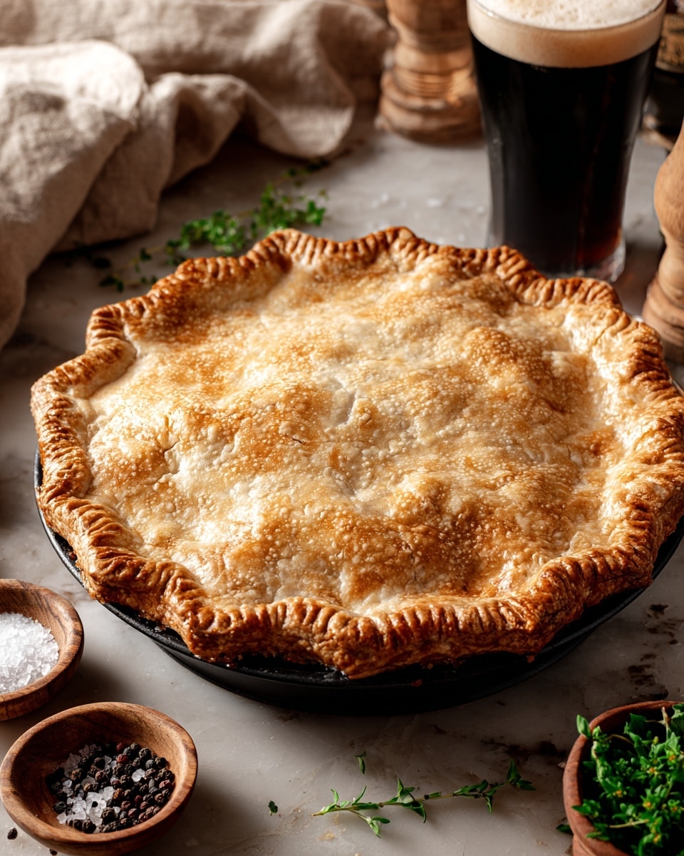 A golden brown pie with a crimped, flaky crust sits in a black pie pan, showing a slightly uneven surface texture with some puffed areas. The edges are thick and crinkled, giving the pie a homemade look. Around the pie on a white marbled surface are small wooden bowls filled with coarse salt and black peppercorns, and fresh green herbs scattered casually. A pint of dark beer with a creamy white head stands tall beside the pie. The background elements give a warm and cozy feel to the scene. Photo taken with an iphone --ar 4:5 --v 7