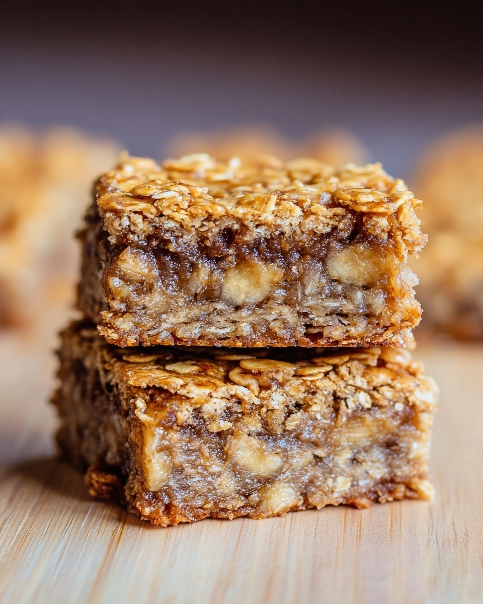 Two oat bars stacked on a light wood surface, each bar showing three layers: the top layer is golden and crunchy with visible oats, the middle layer is soft and moist with light brown and tan chunks, possibly banana pieces, and the bottom layer is a slightly darker baked oat crust. The background is softly blurred, focusing attention on the detailed texture of the bars. photo taken with an iphone --ar 4:5 --v 7