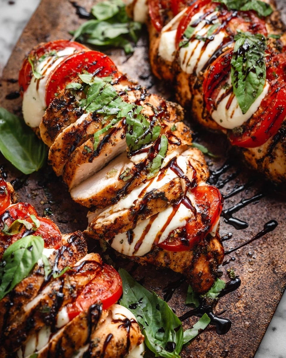 The image shows three pieces of grilled chicken breast sliced partially in a layered style, each layer filled with bright red tomato slices and melted white mozzarella cheese. Dark green basil leaves are tucked between the layers and scattered on top. The chicken has a grilled texture with light browning, and there is a shiny dark balsamic glaze drizzled over the whole dish. Everything is on a rustic dark grill pan with grill marks visible. The background is a white marbled texture. Photo taken with an iphone --ar 4:5 --v 7