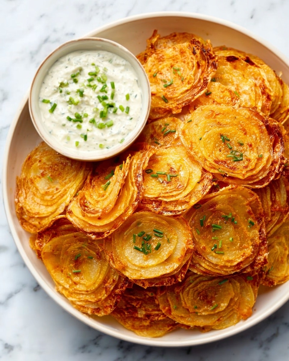 A white bowl filled with thin, crispy potato slices arranged in layers, showing a golden brown color with some darker edges and sprinkled green herb bits on top. Next to the potato slices is a smaller white bowl with a light cream dip, garnished with small green chive pieces. The potato slices have a shiny texture and look crunchy, layered closely in a circular pattern. The background is a white marbled texture. photo taken with an iphone --ar 4:5 --v 7