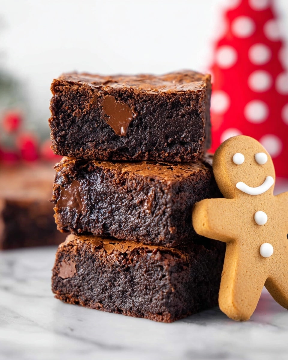 Three thick, dark brown chocolate brownies are stacked on top of each other on a white marbled surface. Each brownie has a cracked, slightly shiny top layer, showing a dense, moist interior with visible chunks of melted chocolate. To the right front, a light brown gingerbread cookie shaped like a gingerbread person with two small white dot buttons leans against the brownies. In the background, there is a blurry festive red and white decoration, adding a cozy holiday feel. Photo taken with an iphone --ar 4:5 --v 7
