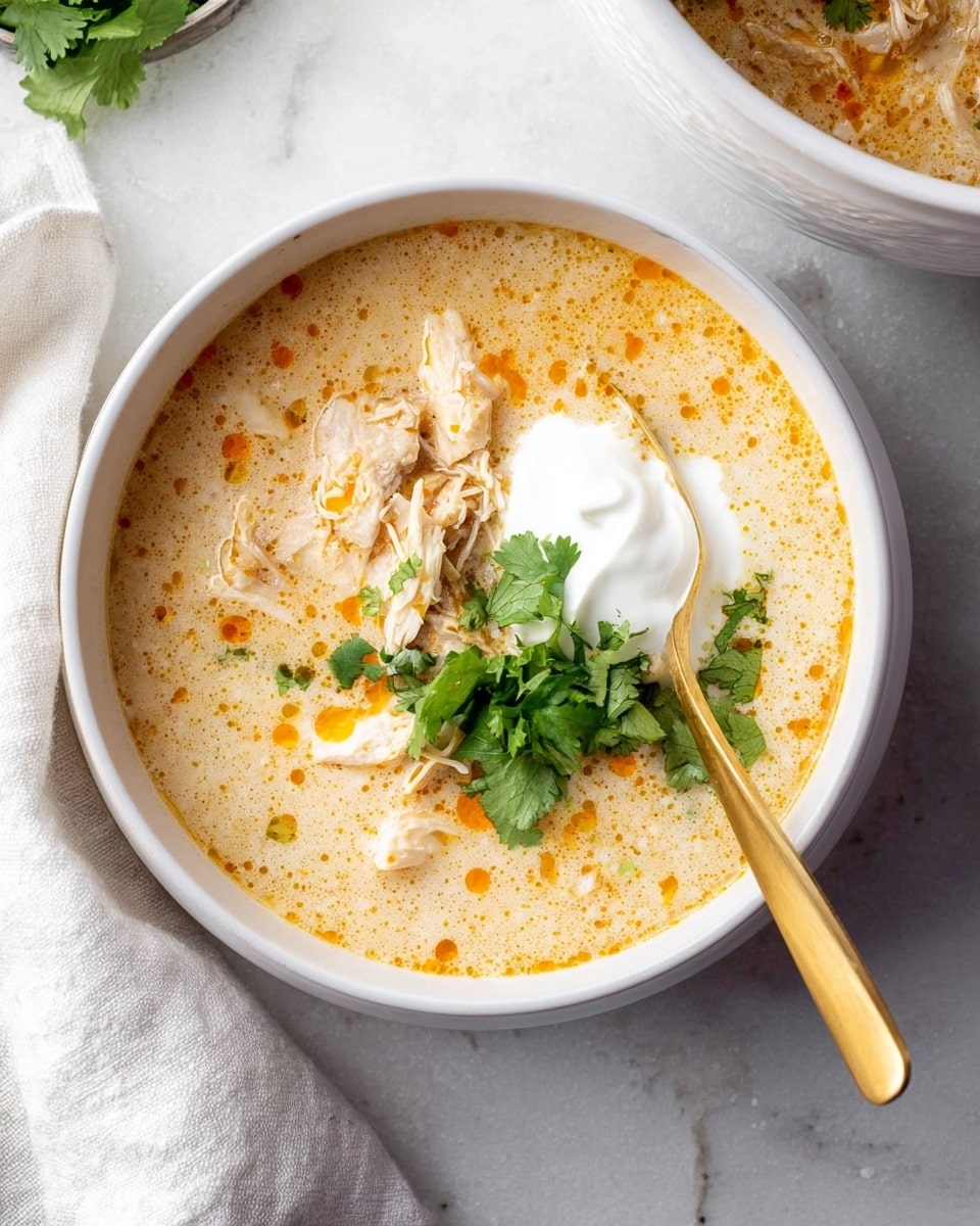 A white bowl filled with creamy soup featuring a light beige broth with orange oil spots. Inside the soup, there are chunky pieces of light-colored shredded chicken. On top, there is a dollop of smooth white sour cream and a small bunch of fresh green cilantro leaves placed slightly off center. A golden spoon rests inside the bowl on the right side. In the background, there is a white bowl partially visible with more of the same soup on a white marbled surface, along with a white cloth in the bottom left corner. photo taken with an iphone --ar 4:5 --v 7