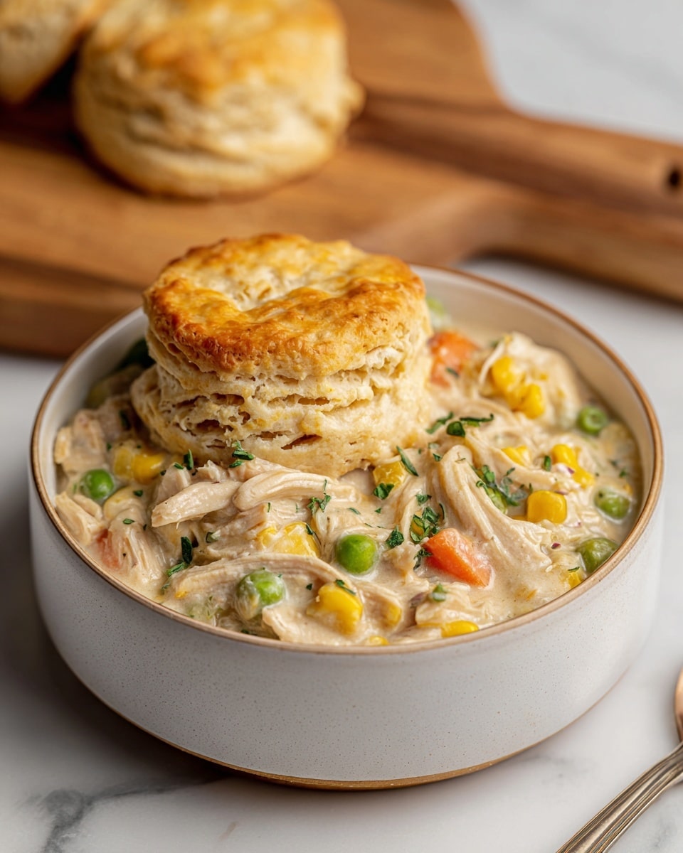 A cozy white bowl filled with creamy chicken and vegetable stew showing layers of shredded white chicken, yellow corn kernels, green peas, and small orange carrot pieces in a thick, pale cream sauce. On top sits a single golden brown biscuit that looks soft and flaky with visible layers and a slightly crisp surface. Behind the bowl, another biscuit sits on a wooden board, slightly out of focus, adding to the warm, comforting feel. The background is a white marbled texture. photo taken with an iphone --ar 4:5 --v 7