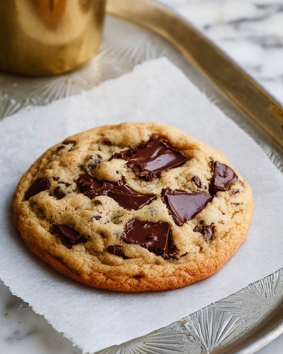 A single thick chocolate chip cookie sits on a sheet of white parchment paper. The cookie has a golden-brown color with a soft, slightly puffy texture. Large, melted dark brown chocolate chunks are scattered unevenly across the cookie's top, some partially sunken into the dough. The edges of the cookie are slightly darker and crispier, showing a contrast to the softer center. The cookie rests on a silver baking tray with a subtle zigzag pattern, and in the background, a brass container holding some spoons is slightly out of focus on a white marbled texture. Photo taken with an iphone --ar 4:5 --v 7