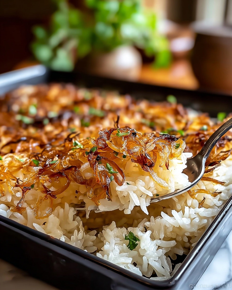 The dish is a close-up view of a rice creation in a black rectangular pan, featuring two main layers: a bottom layer of soft, white rice grains and a top layer of thin, crispy caramelized onions that are golden brown with some darker edges, sprinkled with small green herb pieces. A silver fork is placed at the corner of the pan, lifting some rice with crispy onions. The background shows a soft, out-of-focus mix of warm colors and green plants, all set on a white marbled surface. photo taken with an iphone --ar 4:5 --v 7