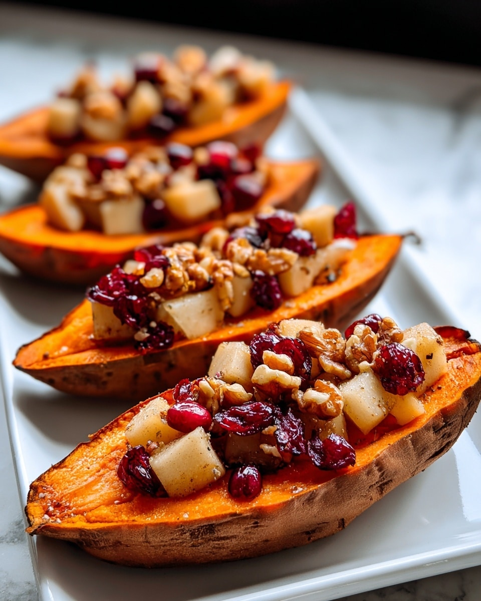 The image shows four halves of roasted sweet potatoes placed on a white rectangular plate on a white marbled texture surface. Each sweet potato half has a thick, orange base layer with slightly wrinkled brown skin around the edges. On top of the orange flesh, there is a chunky layer of golden-brown cooked apple pieces mixed with bright red cranberries and small bits of crunchy walnuts scattered across. The arrangement is in a diagonal line, with the closest one in sharp focus and the others becoming gradually blurrier in the background. photo taken with an iphone --ar 4:5 --v 7