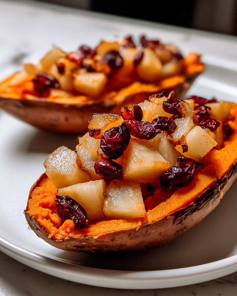 The image shows two halved baked sweet potatoes placed on a white plate over a white marbled surface. Each sweet potato half has three layers: the base is the soft, bright orange flesh of the sweet potato inside the baked, slightly charred brown skin. On top of this, there is a layer of lightly browned cooked pear pieces, which look tender and juicy. Scattered among the pears are small, glossy dark red cranberry-like berries that add a contrasting pop of color. The dish has a warm and inviting look with a mix of smooth, soft textures and juicy fruit, all shown in close-up detail. photo taken with an iphone --ar 4:5 --v 7