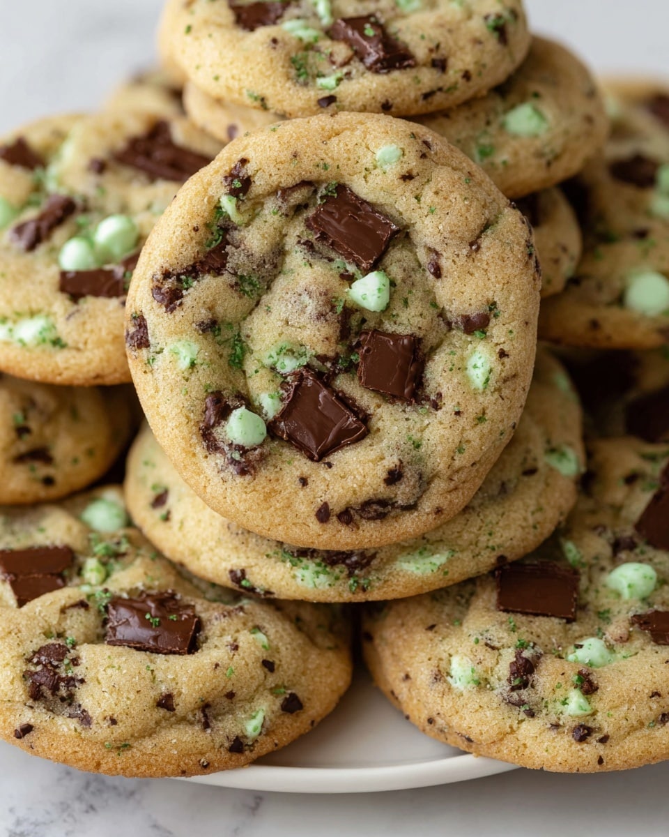 A close-up view of a stack of soft, round cookies with a light golden-brown color. Each cookie is studded with a mix of large, dark brown chocolate chunks and smaller mint green chips speckled with tiny black dots. The cookies show a slightly bumpy texture with some melted chocolate patches and rough edges. The cookies are piled on a white plate placed on a white marbled surface. photo taken with an iphone --ar 4:5 --v 7