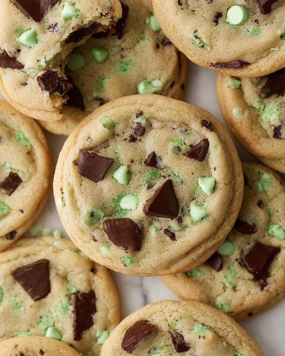 A close-up view of several soft, round cookies stacked and overlapping on a white marbled surface. Each cookie has a light golden-brown base with a slightly textured, chewy appearance. Scattered on top and inside the cookies are dark brown chocolate chunks and light green mint chocolate chips, some with small dark specks, evenly spread across the surface. One cookie near the top left shows a bite taken out, revealing the soft inside with visible melted chocolate. The cookies rest naturally, showcasing varied sizes and irregular edges. photo taken with an iphone --ar 4:5 --v 7