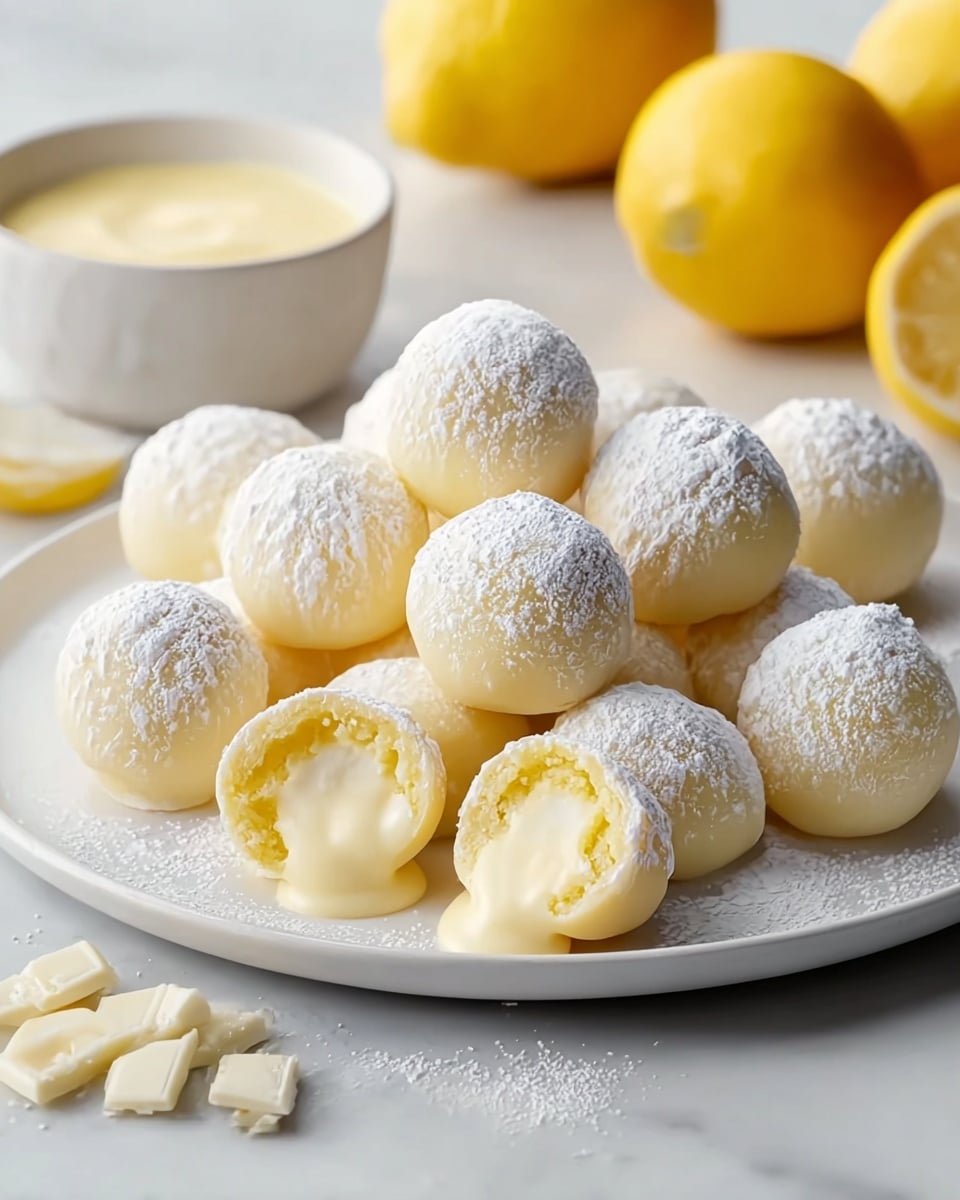 A white plate holds eleven smooth, round, pale yellow balls dusted lightly with powdered sugar. Two balls are cut open in the front, revealing a creamy, soft yellow filling inside. Small white chocolate pieces are scattered on the plate beside the balls. In the background, there are three whole bright yellow lemons and a small white bowl filled with a light yellow creamy sauce. The scene is set on a white marbled surface. photo taken with an iphone --ar 4:5 --v 7