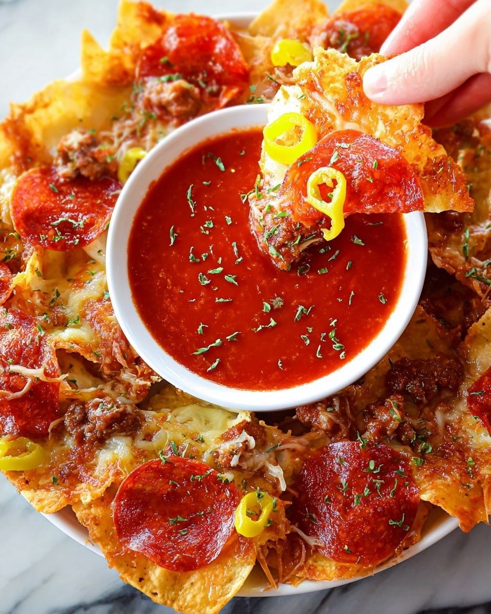 A white bowl filled with thick red marinara sauce sits in the center of the image, surrounded by crispy golden-brown nacho chips layered with melted light yellow cheese, round bright red pepperoni slices, small browned sausage bits, and curled yellow pepper rings scattered on top. One chip, covered with all the toppings and sprinkled with tiny green herb pieces, is being dipped into the sauce by a woman's hand. The dish rests on a white marbled surface. photo taken with an iphone --ar 4:5 --v 7