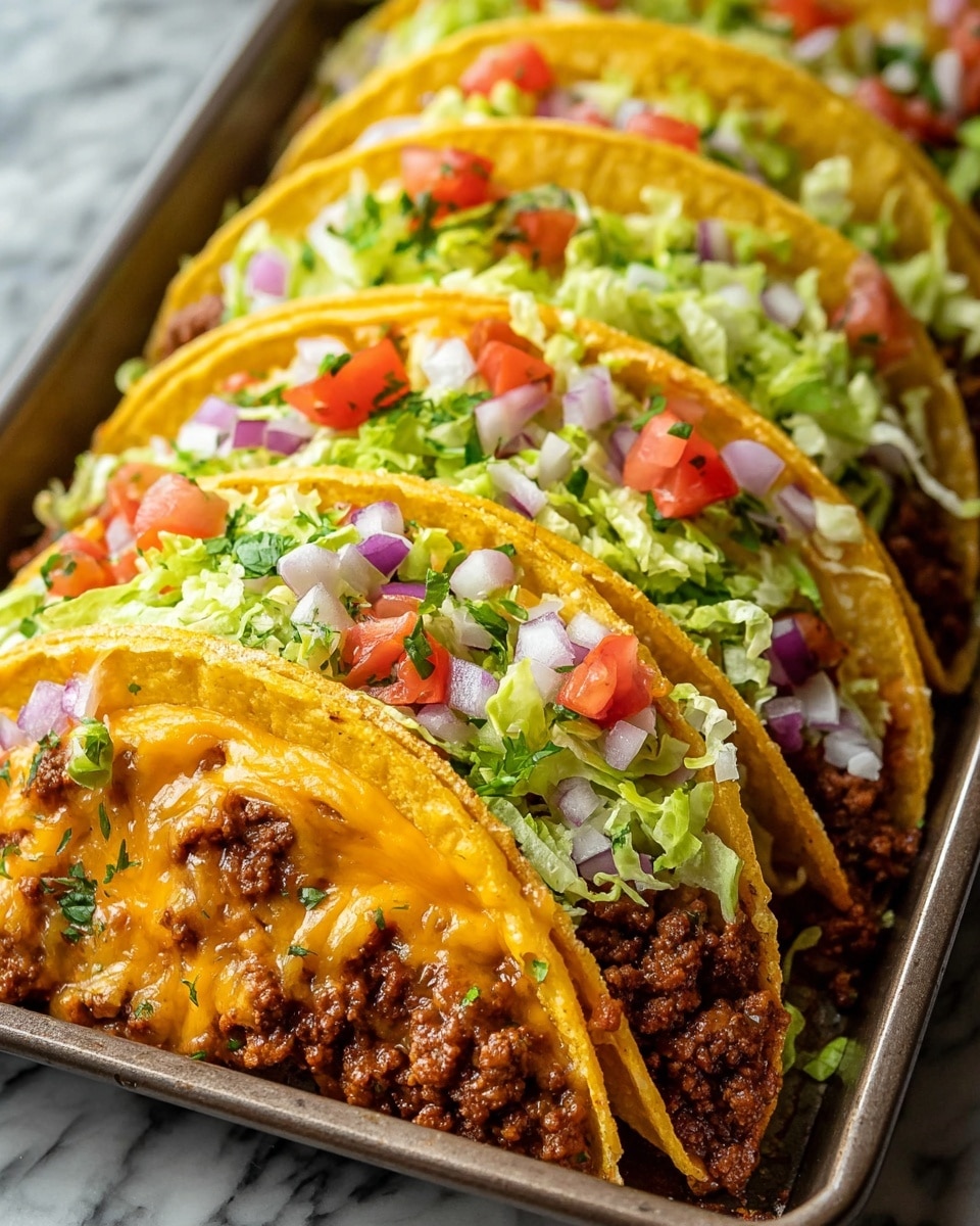 The image shows a close-up view of six hard shell tacos lined up in a baking tray. Each taco has a golden yellow crispy shell filled with a bottom layer of cooked ground beef, topped with melted orange cheddar cheese. Above the cheese, there is a layer of shredded green lettuce, then finely chopped white onions, small diced red tomatoes, and some purple onions scattered on top with bits of fresh green cilantro. The tray is sitting on a white marbled textured surface. photo taken with an iphone --ar 4:5 --v 7