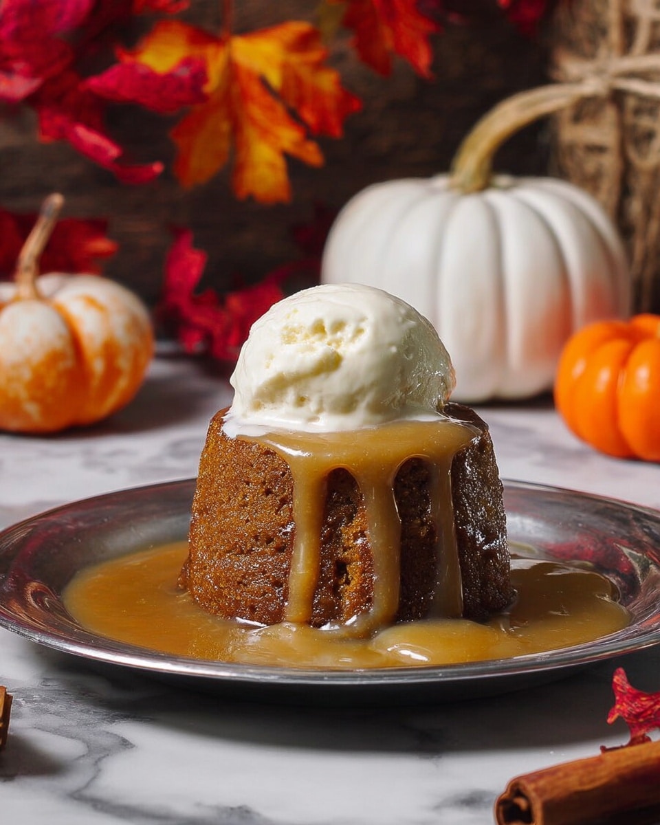 A single round brown cake with a moist texture sits in the middle of a shiny silver plate, covered in thick light brown sauce that drips down the sides and pools around the base. On top of the cake is a scoop of white ice cream that has a creamy texture, with more of the same sauce slowly flowing down from the ice cream onto the cake. The background shows red and orange autumn leaves, small white and orange pumpkins, and rolled string-tied papers on a white marbled surface. photo taken with an iphone --ar 4:5 --v 7
