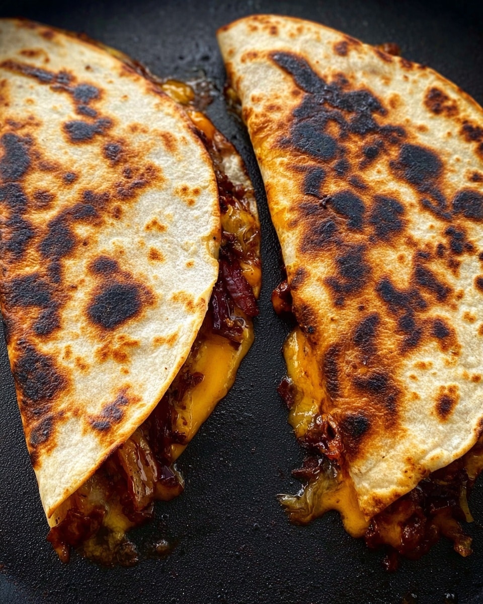 Two grilled quesadillas lie folded in half on a dark cooking surface. Each quesadilla has a golden-brown, slightly charred tortilla exterior with dark spots and a crispy texture. Inside, a melted cheese layer creates a gooey, yellow-orange filling mixed with darker, chunky pieces of cooked meat or vegetables, some juices seeping out slightly from the edges. The quesadillas are positioned close together, showing the inviting, rich filling inside. The overall look combines warm, toasted colors and melty textures. photo taken with an iphone --ar 4:5 --v 7