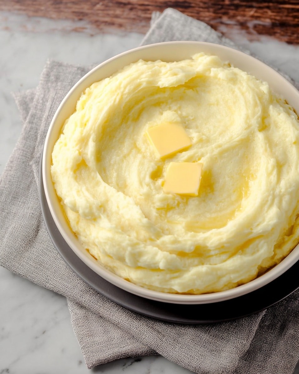 A white bowl filled with a thick layer of creamy, smooth mashed potatoes in pale yellow color, slightly textured with soft ridges and swirls on top. In the center, two small squares of butter are melting, adding a glossy light yellow shine. The bowl sits on a dark plate over a light grey cloth, all placed on a white marbled surface. photo taken with an iphone --ar 4:5 --v 7