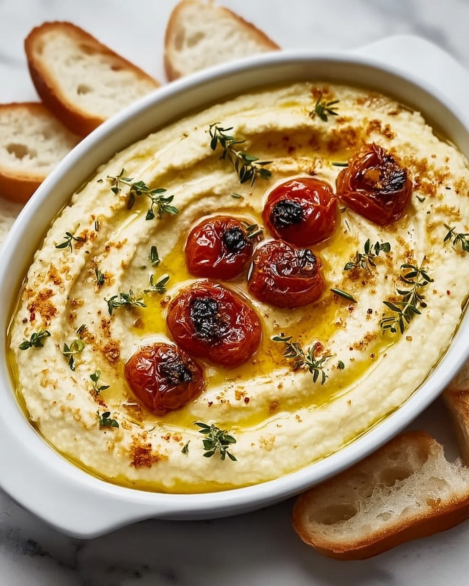 A white oval dish filled with creamy light yellow hummus, with a smooth texture and swirled in circular layers. On top, there are five roasted cherry tomatoes, dark reddish-brown with slightly charred edges, placed in the center. Small green herb sprigs are scattered around the tomatoes over the hummus, along with a drizzle of golden olive oil and light brown spice flakes spread evenly. The dish rests on a white marbled texture surface with slices of white bread partially visible at the edges. Photo taken with an iphone --ar 4:5 --v 7