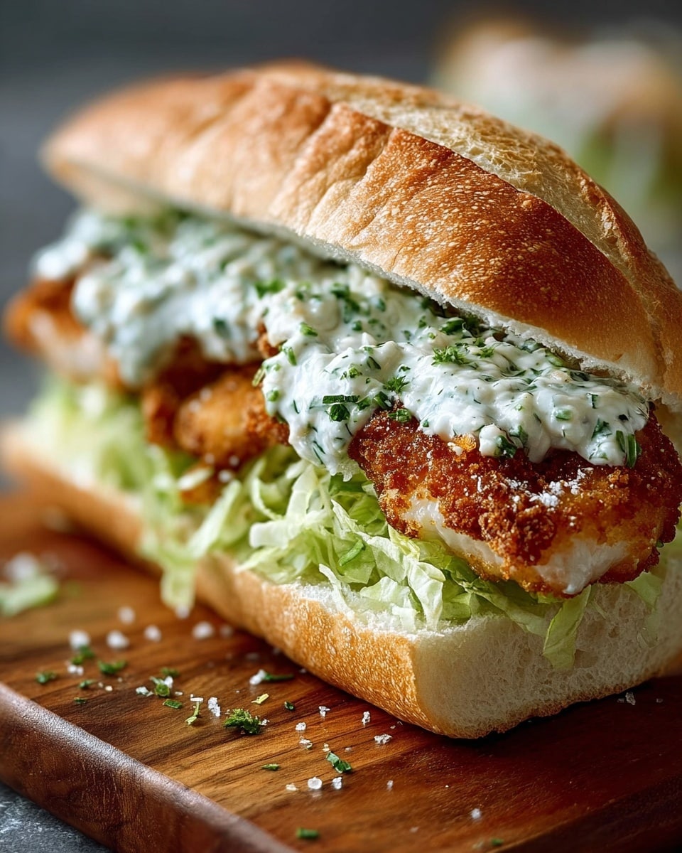 A sandwich showing one layer of golden-brown crispy fried fish placed on a white bun with a shiny, lightly salted top layer; beneath the fish is a thick, white creamy sauce with green herb bits spread on the bottom bun, while the top bun holds a generous layer of fresh, bright green chopped lettuce. The sandwich sits on a wooden board, with coarse salt sprinkles around it, and a blurred second sandwich and a white bowl with lime wedges in the background, all set on a white marbled texture. photo taken with an iphone --ar 4:5 --v 7
