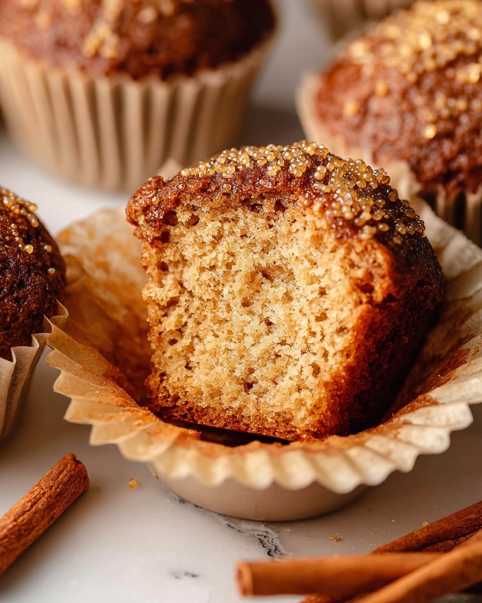 A close-up of a brown muffin cut in half showing a soft, moist crumb with a coarse, crumbly top sprinkled with large golden sugar crystals. The muffin sits inside a light brown paper liner in a white muffin tray with round indentations, surrounded by whole muffins with the same golden sugar topping. Several cinnamon sticks lie diagonally in the background on a white marbled surface. photo taken with an iphone --ar 4:5 --v 7