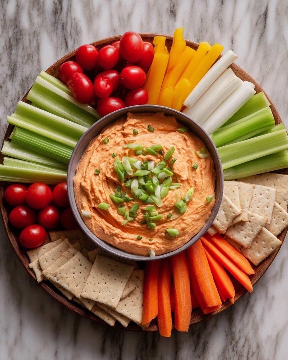 A round tray holds a bowl in the center filled with smooth, light orange dip topped with chopped green onions. Around the bowl are layers with different vegetables and crackers: on the bottom right, bright orange carrot slices; next to them, square beige crackers; above the crackers, green celery sticks; to the right of celery, white and pale green blunt-ended onion stalks; above these, deep red stalks; then yellow, white, and orange carrot sticks; a single red cherry tomato; green celery sticks; white blunt onion stalks; and on the left, red cherry tomatoes on the vine. The tray is placed on a white marbled surface. photo taken with an iphone --ar 4:5 --v 7