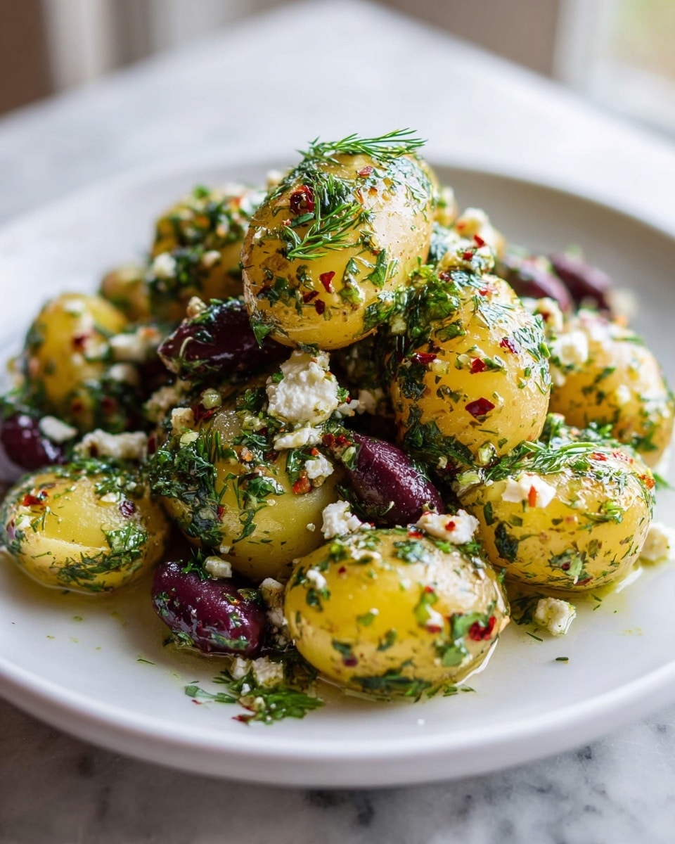 A pile of small yellow potatoes is stacked in the center of a white plate, each potato covered in a green herb sauce with visible chopped parsley and dill leaves. Scattered throughout the potatoes are dark purple kalamata olives, white crumbly feta cheese bits, and small red chili flakes adding a touch of color. The potatoes' skin is slightly shiny from the herb oil dressing, giving a moist and fresh look. There are also a few fresh dill sprigs placed on top, creating a textured and vibrant appearance. The plate sits on a white marbled surface with soft natural light highlighting the food. photo taken with an iphone --ar 4:5 --v 7
