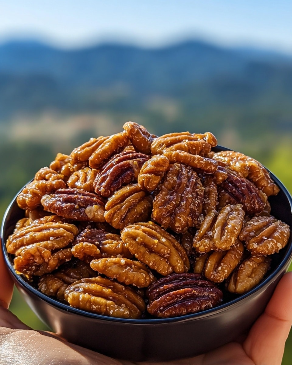 A close-up view of a black bowl filled with a heap of glazed pecans, each piece showing a glossy, caramel-like coating. The pecans have a deep golden brown color with natural ridges and textured grooves visible on every nut. The bowl rests against a soft, blurred background of green hills and a blue sky, creating a natural outdoor setting. A woman's hand gently holds the bowl from below, and the scene is lit with bright, natural daylight. The surface below is a white marbled texture. photo taken with an iphone --ar 4:5 --v 7