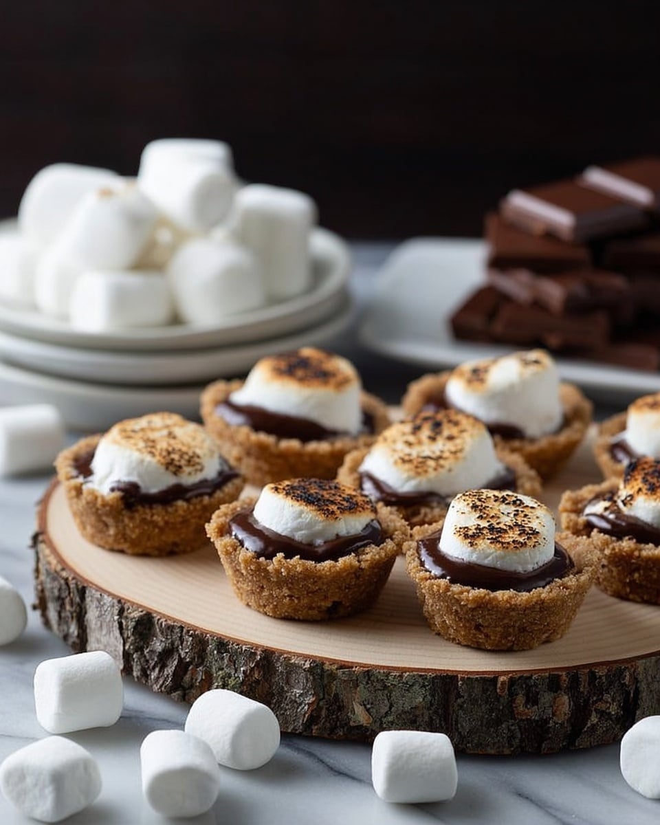 Small s’mores cups are arranged on a wooden round tray with bark edges. Each cup has a crumbly, light brown base layer, a middle layer of melted chocolate that is dark brown and glossy, and a top layer of toasted marshmallow that is white with golden brown spots. In the background, on a white plate, there are large white marshmallows and pieces of dark brown chocolate stacked. The scene is set on a white marbled surface with some loose marshmallows around the tray. The background is dark, making the s’mores cups stand out clearly. Photo taken with an iphone --ar 4:5 --v 7