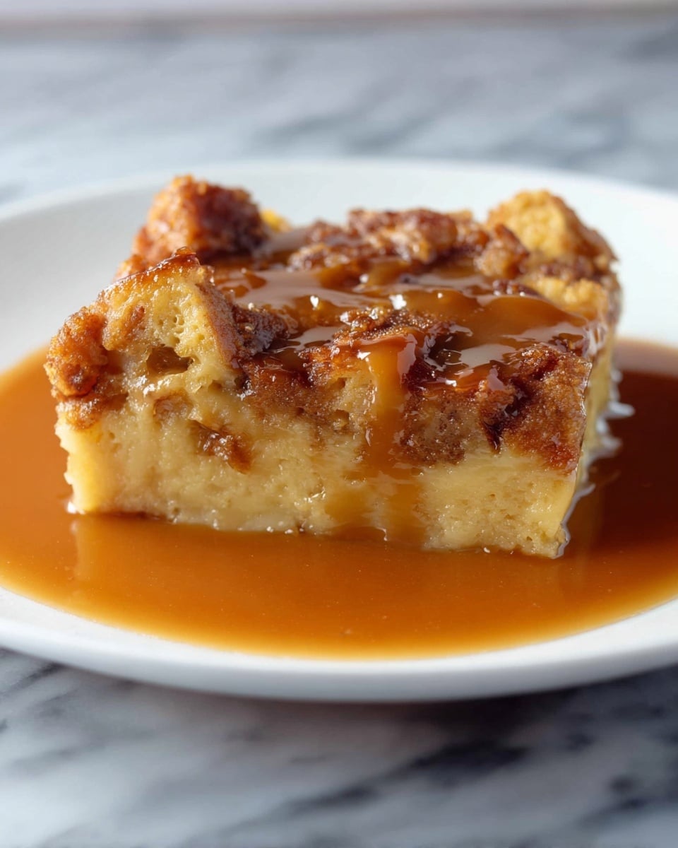 A square piece of bread pudding sits on a white plate, showing two main layers: a bottom layer of soft, light golden custard-like bread base and a top layer of baked, slightly crispy, golden-brown bread chunks. The entire piece is covered in a thick, shiny caramel sauce that pools on the plate around the dessert. The texture contrast between the smooth sauce, the soft base, and the crisp top is clearly visible, with the sauce adding a glossy richness overall. The plate rests on a white marbled texture. photo taken with an iphone --ar 4:5 --v 7
