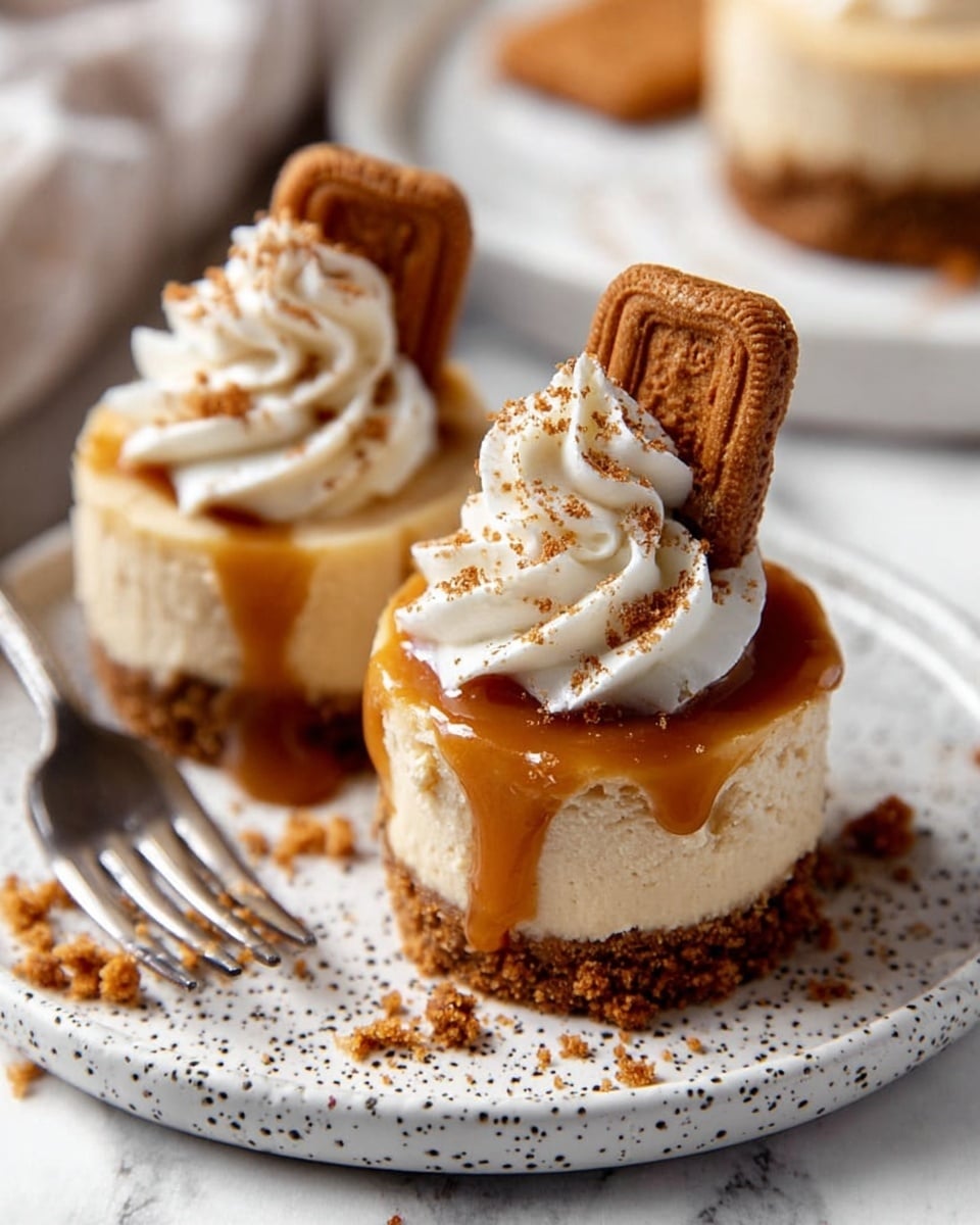 The image shows two small round mini cheesecakes placed on a white speckled plate. Each cheesecake has three clear layers: a bottom layer of crumbly brown crust, a thick middle layer of smooth, creamy light beige filling, and a top layer of shiny caramel sauce gently dripping down the sides. On top of each cake is a swirl of fluffy white whipped cream sprinkled with small brown crumbs. One cheesecake is decorated with a rectangular brown cookie, inserted standing upright into the whipped cream. There are extra crumbs scattered around the plate and a fork resting on it. The background is a white marbled surface. Photo taken with an iphone --ar 4:5 --v 7