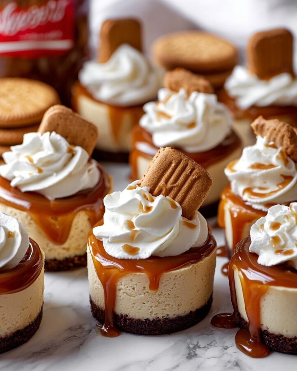 The image shows several mini cheesecakes arranged close together on a white marbled surface. Each cheesecake has three visible layers: the bottom layer is a dark brown crust, the thick middle layer is a creamy beige cheesecake, and the top layer is a glossy caramel sauce that drips slightly down the sides. Five cheesecakes are topped with a swirl of white whipped cream, with two of those decorated with a small piece of a brown biscuit placed upright on one side. The other cheesecakes show just the smooth caramel topping without whipped cream. In the background, a stack of similar biscuits and a blurred jar with a red label are visible. Photo taken with an iphone --ar 4:5 --v 7