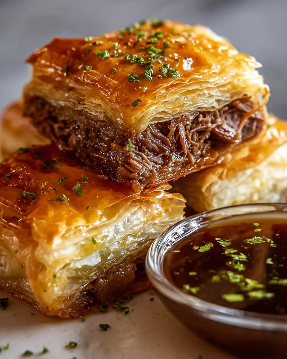 The image shows a close-up of two stacked square pieces of flaky pastry with many thin golden layers on top and bottom, filled in the middle with a rich, dark brown shredded meat layer. The top layer is shiny and slightly crisp, sprinkled with small green herb bits. Next to the pastries is a small clear glass bowl filled with dark brown sauce, with tiny green garnish floating on it, all placed on a white plate with a soft white marbled background. Photo taken with an iphone --ar 4:5 --v 7