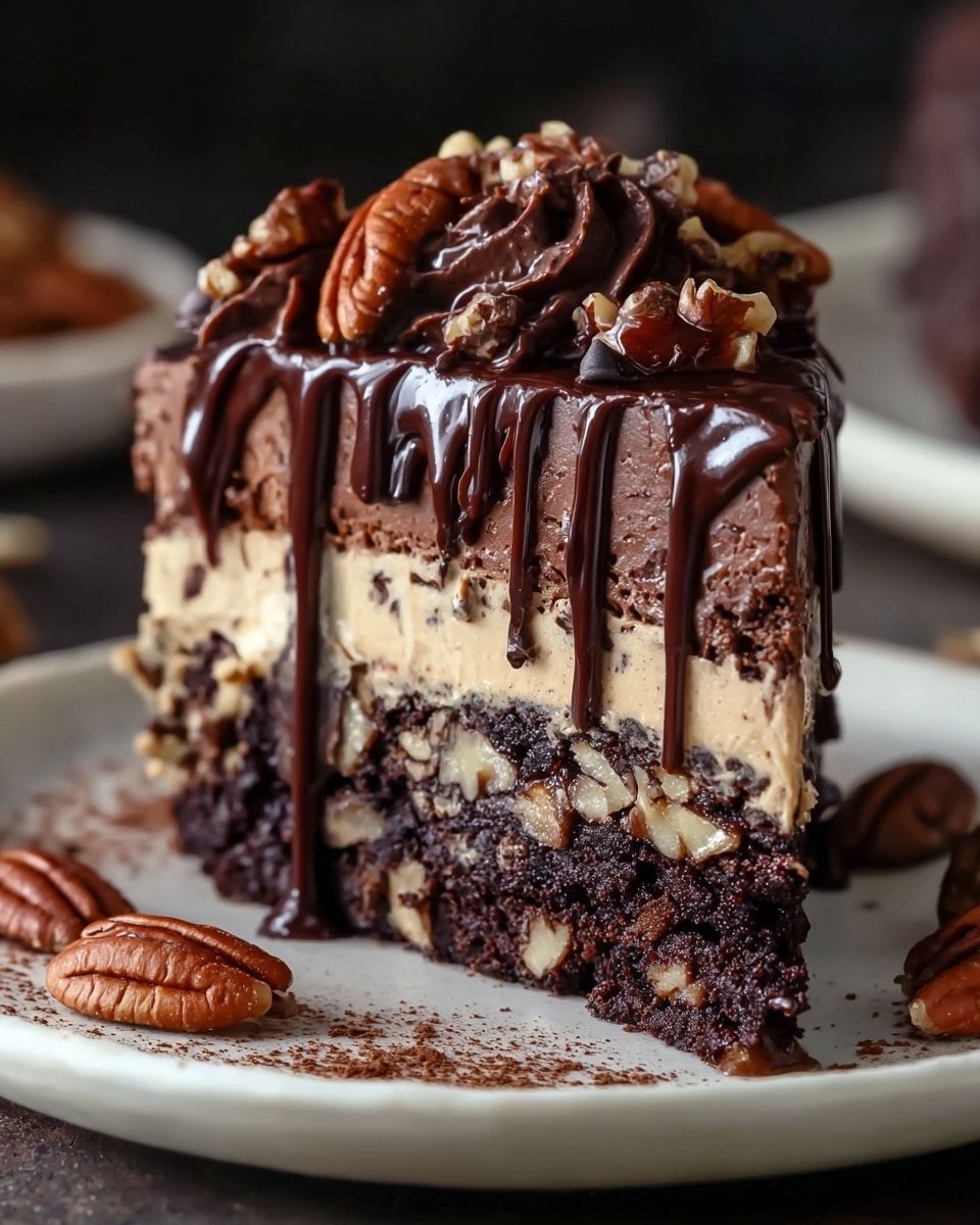 A slice of rich chocolate cake with four visible layers rests on a white plate, placed on a white marbled texture. The bottom layer is dark chocolate with walnut chunks, dense and moist. Above it is a creamy light brown layer with small chocolate bits, smooth in texture. Next is a thick, glossy dark chocolate layer topped with whole pecans, shiny and smooth. The cake is covered with a dark chocolate swirl and shiny chocolate drizzle running down the sides. Cocoa powder is dusted around the plate edges, with scattered pecans and chocolate pieces nearby. Photo taken with an iphone --ar 4:5 --v 7