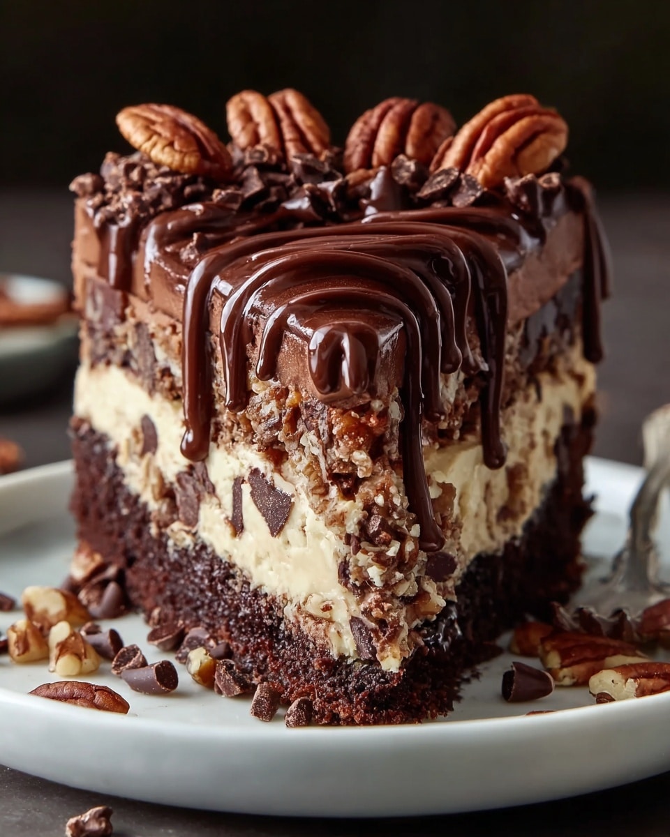 A close-up slice of cake with four visible layers sits on a white plate placed on a white marbled surface. The bottom layer is dark brown with large chunks of nuts and has a slightly rough texture. Above it is a creamy light brown layer filled with small chocolate pieces. The third layer is a smooth, shiny dark chocolate topping adorned with whole pecans arranged near the edge. On top, there is a thick swirl of glossy dark chocolate cream dripping softly down the sides, creating a rich and decadent look. Photo taken with an iphone --ar 4:5 --v 7