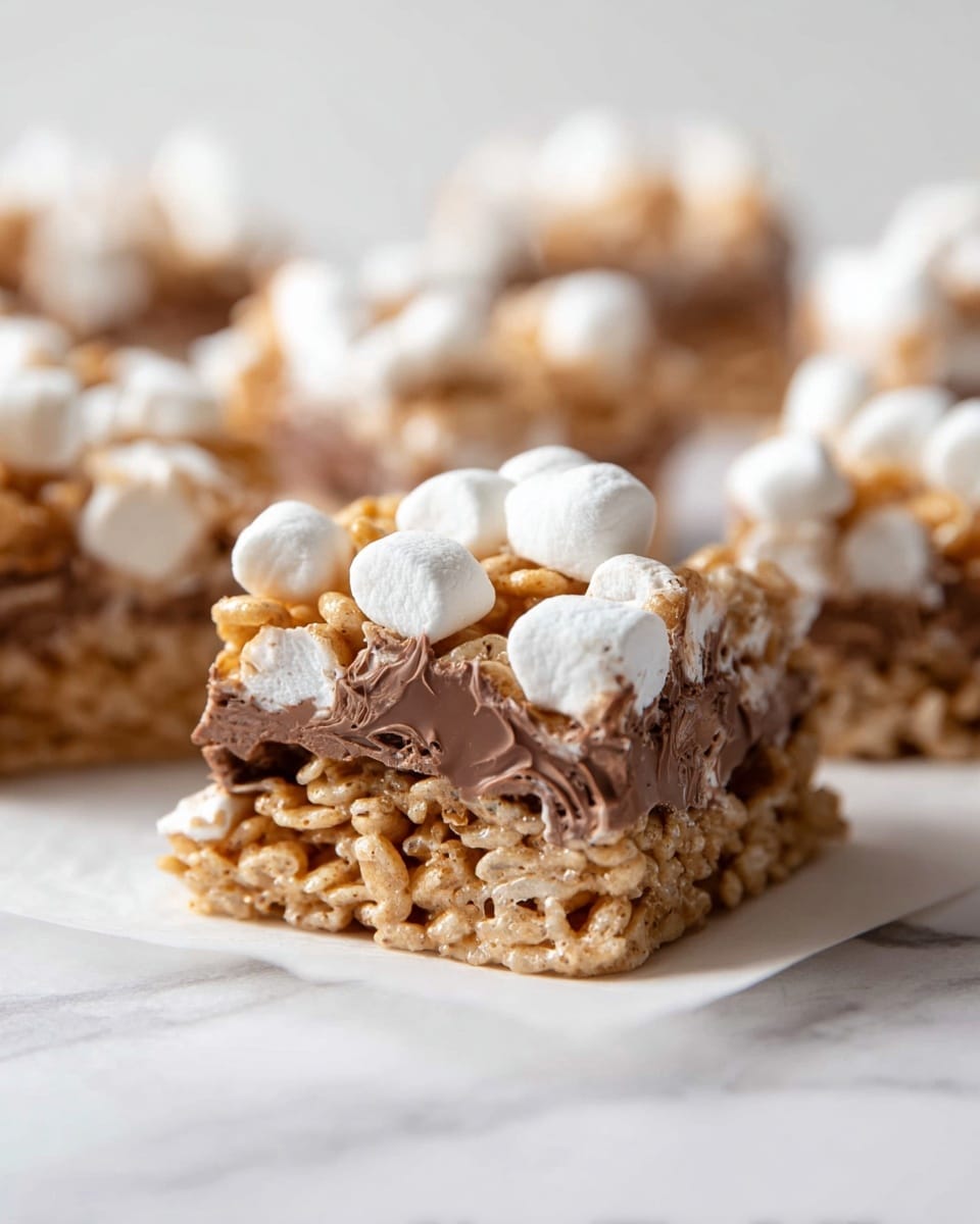 A close-up view of a square-shaped treat made of three layers: the bottom layer is a light brown crispy cereal mixed with white marshmallow that acts as a binder, the middle layer features gooey melted milk chocolate spread unevenly, and the top layer is decorated with small white mini marshmallows and more cereal pieces, all stacked closely together with other similar squares blurred in the background, all set on a piece of white parchment which sits on a white marbled surface. photo taken with an iphone --ar 4:5 --v 7
