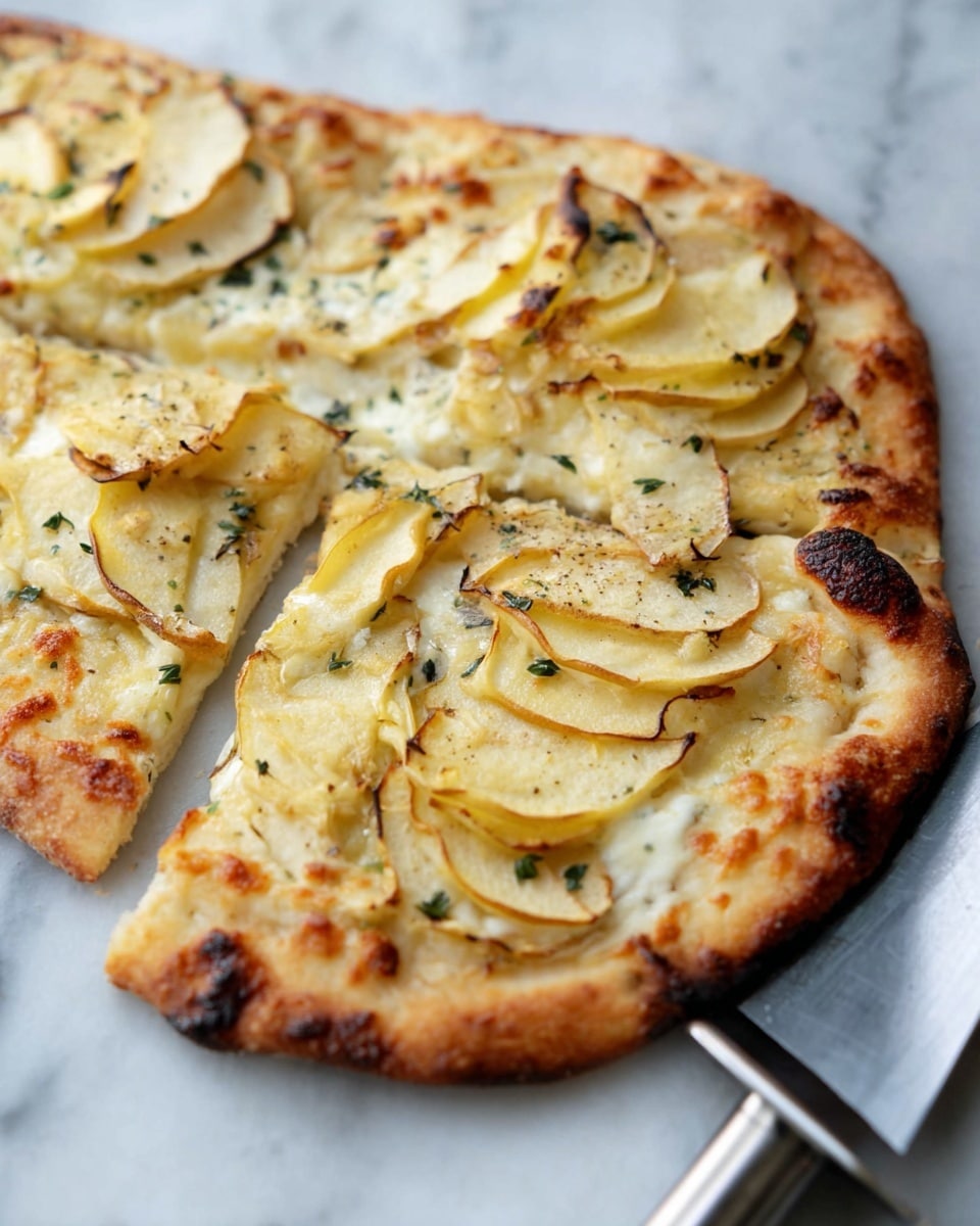 A flatbread pizza with a golden-brown, slightly crispy crust forms the base layer, evenly cooked with some darker toasted spots on the edges. The next layer consists of melted cheese, creamy and slightly browned in places, covering the crust fully. On top, pale yellow apple slices are scattered in a single uneven layer, some with light browning on the edges, with small bits of green herbs sprinkled over, adding texture and a touch of color. The flatbread is placed on a white marble surface, with a silver pizza cutter partially visible at the bottom right. photo taken with an iphone --ar 4:5 --v 7