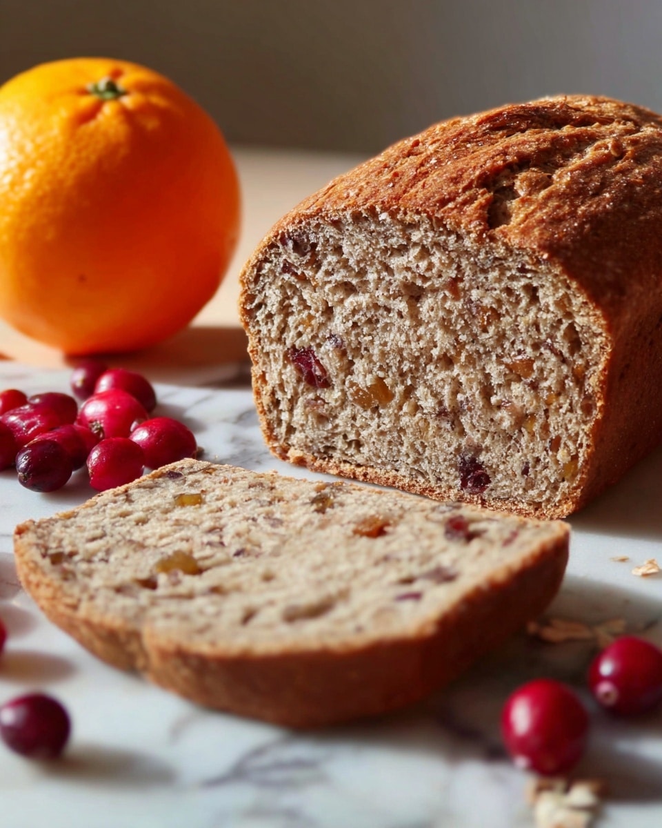 The image shows a close-up of a loaf of brown bread with a rough, crumbly texture, and small bits of fruit or nuts inside. The bread is cut to reveal one large gray-brown slice leaning against the loaf, showing its soft, airy inside. To the left, there is one whole bright orange orange fruit and several small, round, red cranberries scattered on a white marbled surface. The colors are warm and natural, with the bread's dark crust contrasting with the orange and red fruits. photo taken with an iphone --ar 4:5 --v 7