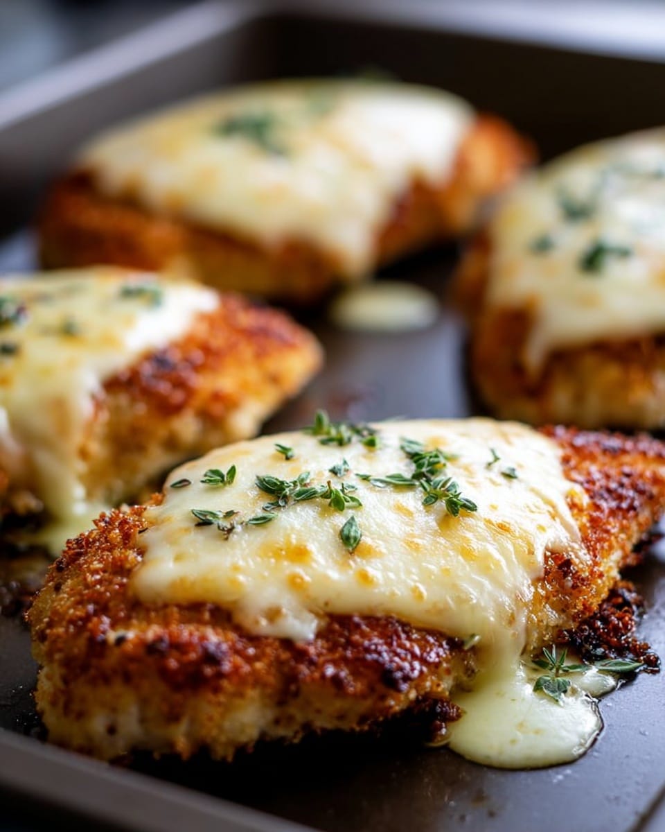 Four pieces of golden brown breaded chicken breasts topped with melted creamy white cheese are shown on a dark baking tray. Each chicken piece has a crispy, lightly browned crust around the edges, and the smooth cheese on top is garnished with small green herb leaves. The melted cheese spreads slightly onto the tray, showing a gooey texture. The background is softly blurred, focusing on the warm, freshly baked chicken. photo taken with an iphone --ar 4:5 --v 7