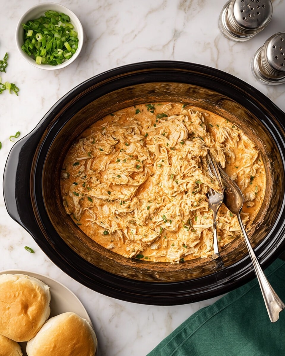 The image shows a black slow cooker filled with shredded chicken mixed in a creamy orange sauce with visible green herbs and spices, giving the dish a textured, slightly chunky appearance. Two silver forks rest inside the slow cooker, one positioned near the edge and the other partially dipped into the mixture, creating a small indentation that reveals the creaminess and thickness of the chicken. The slow cooker sits on a white marbled surface with a small bowl of chopped green onions, three soft golden brown rolls to the lower left, and a green cloth napkin to the right, along with a salt and pepper shaker in the top right corner. photo taken with an iphone --ar 4:5 --v 7