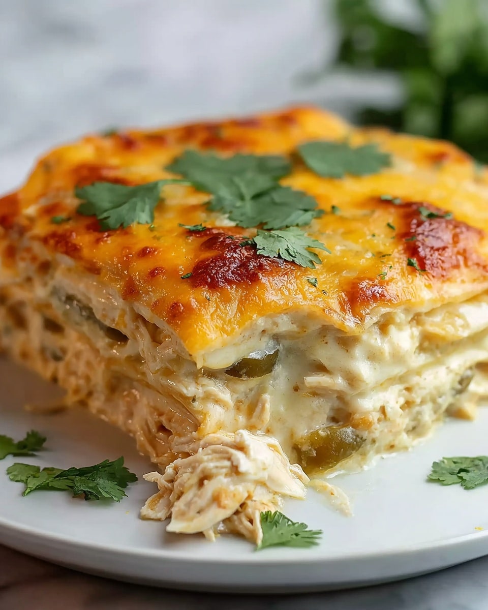 A thick slice of layered dish consisting of three main layers of soft tortilla filled with shredded white chicken and green chili peppers, all covered with creamy sauce and topped with browned melted yellow and white cheese. The cheese layer is bubbly and slightly golden, with fresh green cilantro leaves placed on top for garnish. The slice sits on a white plate on a white marbled surface, with a small piece missing on the side revealing the soft texture and creamy inside. photo taken with an iphone --ar 4:5 --v 7