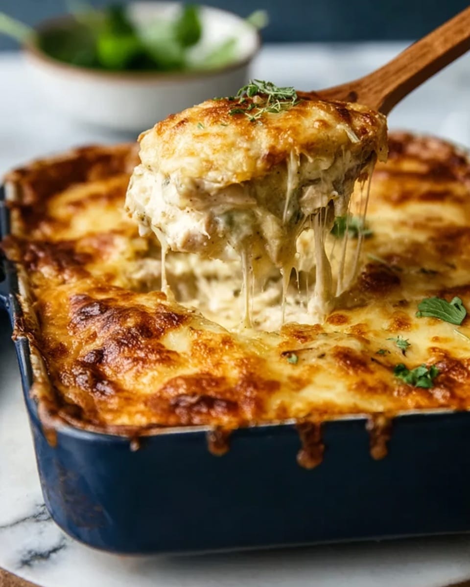A dark blue baking dish holds a thick layered casserole with a golden-brown cheese crust on top that looks crispy around the edges. The top layer is melted, bubbly cheese with light brown spots and a slightly stretchy texture. Below the cheese, creamy beige layers with visible chunks suggest shredded chicken mixed with sauce. A wooden spoon lifts a portion showing the layers pulling apart in gooey, cheesy strings, with some green herb garnish on top. The dish is set against a white marbled texture, and in the background, there is a blurred white bowl with green leaves. Photo taken with an iphone --ar 4:5 --v 7