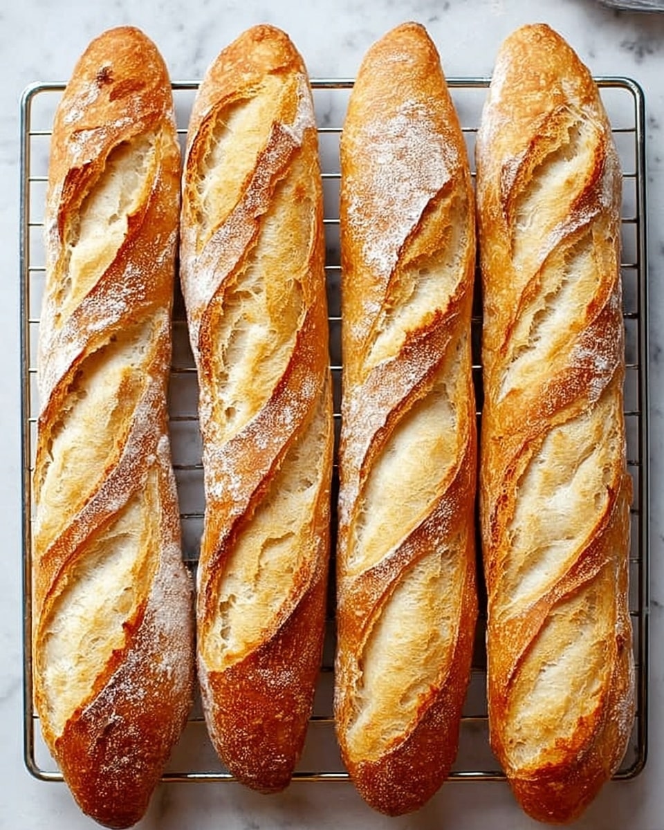The image shows four golden brown baguettes placed side by side on a silver cooling rack over a white marbled surface. Each baguette has multiple long diagonal cuts on the top showing the fluffy inside with a slight dusting of white flour on the crust. The crust looks crispy and has a shiny, well-baked texture with a slight variation of darker golden tones along the edges of the cuts. The baguettes are evenly spaced and aligned vertically in the frame. photo taken with an iphone --ar 4:5 --v 7