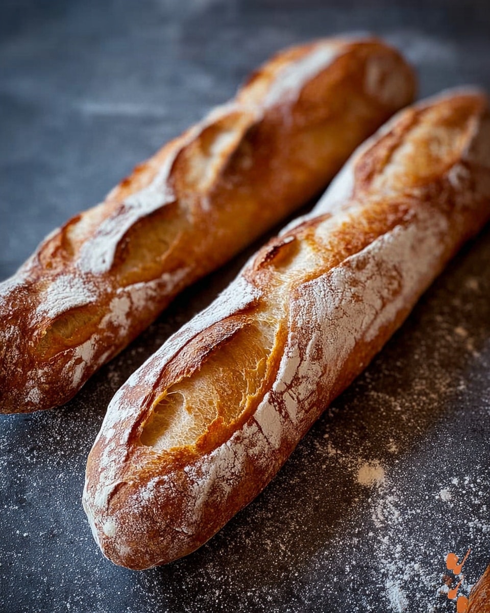 Two long baguettes with a golden brown crust rest side by side on a dark textured surface dusted with flour. The crusts have deep cuts with edges curling slightly, showing off a light, airy, and porous inside. The loaves have a rustic look with patches of white flour still clinging to the outer crust, emphasizing their fresh-baked quality. The background is softly blurred, highlighting the bread’s crispy texture and warm colors. photo taken with an iphone --ar 4:5 --v 7