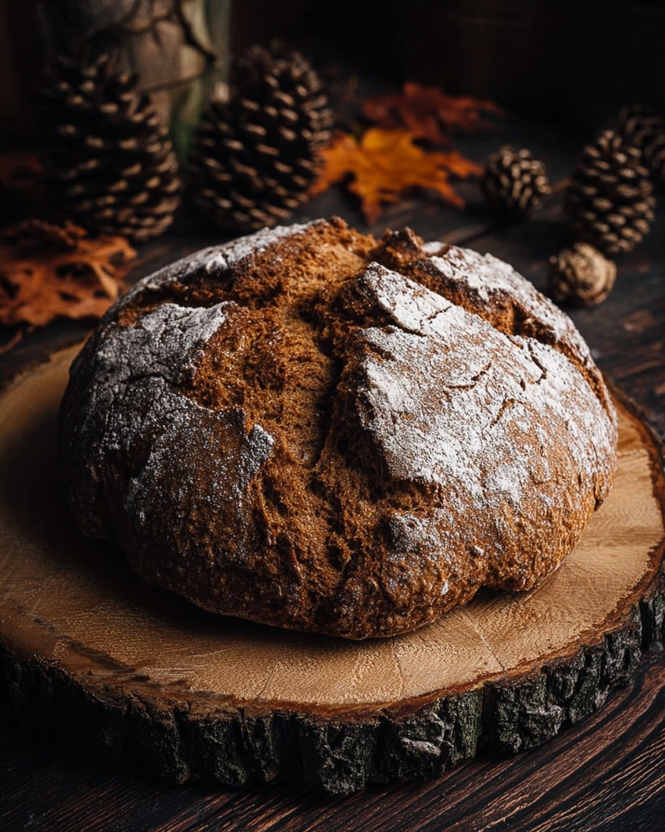 A round loaf of brown bread with a rough, crusty texture and a light dusting of white flour on top sits on a rustic wooden round board with bark edges; the bread is cracked on top, showing a dense, darker brown inside. The background includes pine cones and autumn leaves on a wooden surface with dark tones. The setting conveys a warm, cozy, rustic feel with earthy colors. photo taken with an iphone --ar 4:5 --v 7