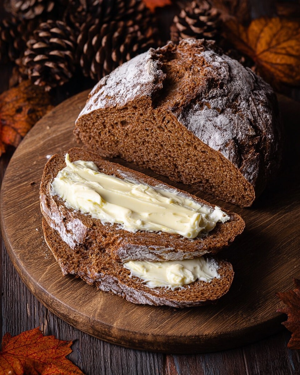 The image shows a loaf of dark brown bread with a rough, crusty texture dusted lightly with white flour on top, sitting on a round wooden board. Two slices are cut from the loaf, placed in front of it; the top slice is spread with a thick, creamy layer of pale yellow butter that looks soft and smooth. The wood surface beneath the board is dark with a slight grain, and around the bread, there are pinecones and autumn leaves in shades of orange and brown, creating a warm, cozy atmosphere. The whole scene is detailed and natural, photo taken with an iphone --ar 4:5 --v 7