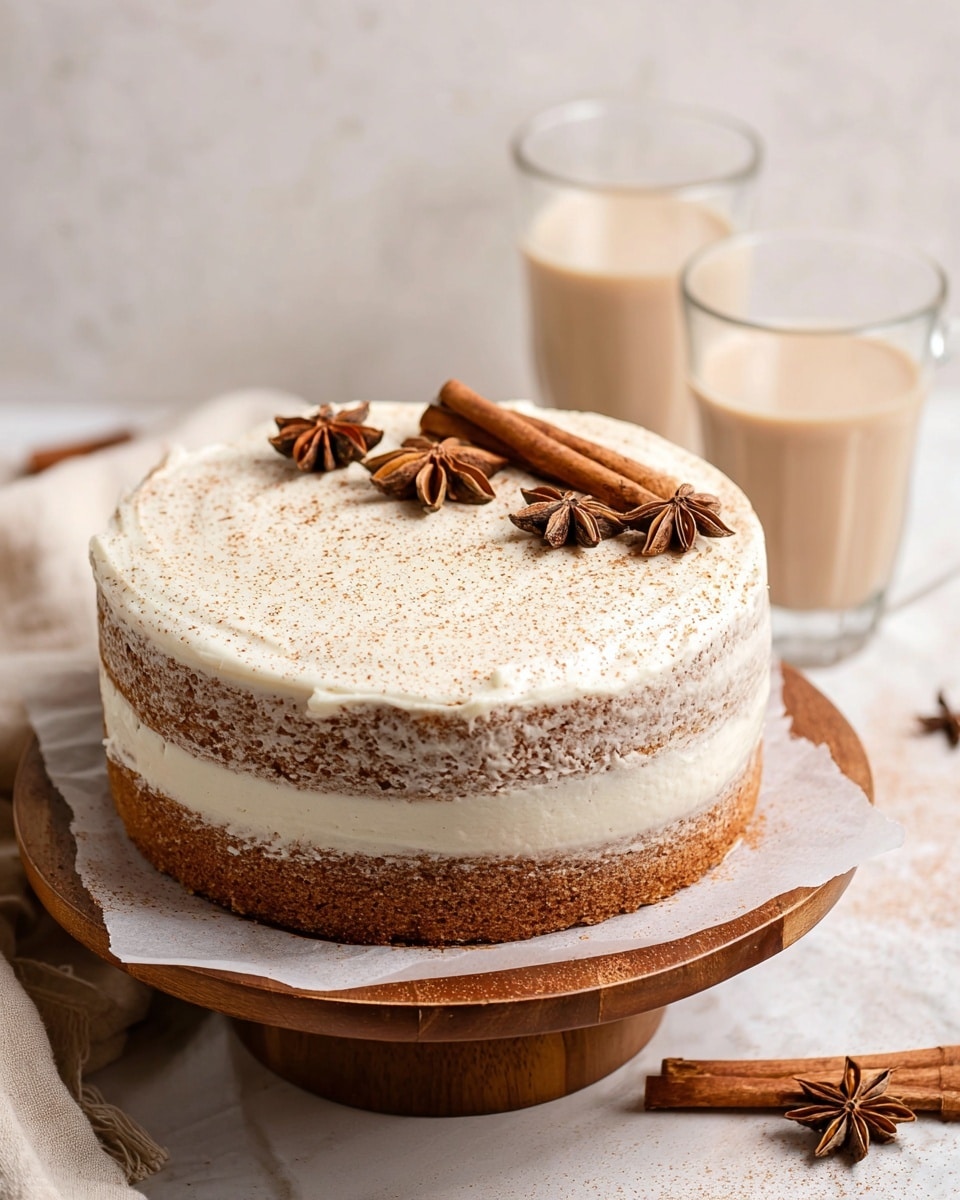 A two-layer cake with light brown sponge visible through a thin layer of creamy white frosting, placed on a wooden cake stand with parchment paper underneath; the cake top is covered with a smooth layer of white frosting, lightly dusted with cinnamon powder, and decorated with two cinnamon sticks and five star anise pods arranged on one side. In the background, there are two clear glasses filled with light beige liquid, all set against a white marbled textured surface. photo taken with an iphone --ar 4:5 --v 7