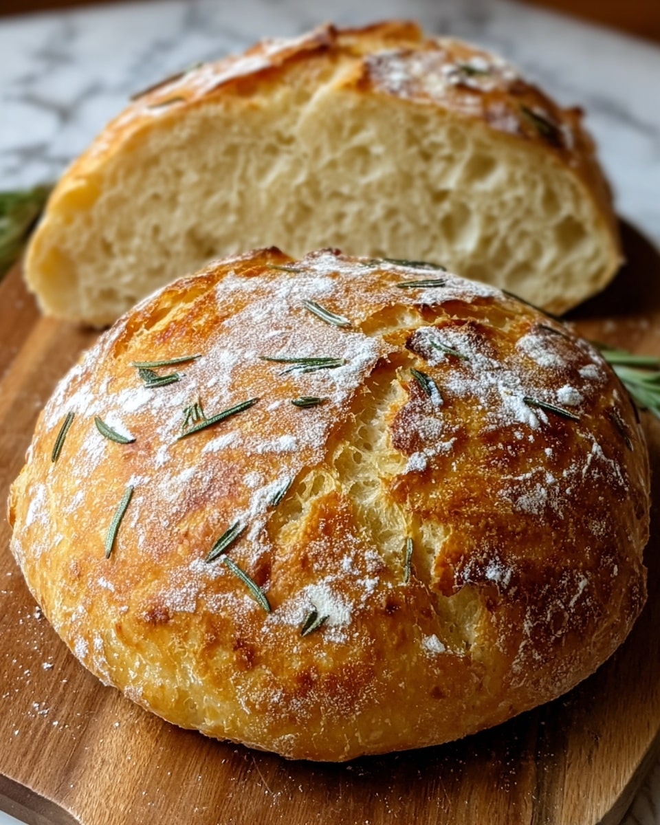 The image shows a round loaf of golden brown bread with a crusty, textured surface dusted lightly with white flour. The bread has visible cracks and slices on the top with small green rosemary leaves embedded in the crust. The inside of the bread is fluffy and light, visible from a cut half placed behind the whole loaf. Both pieces rest on a wooden cutting board with a white marbled textured background blurred beyond it. photo taken with an iphone --ar 4:5 --v 7