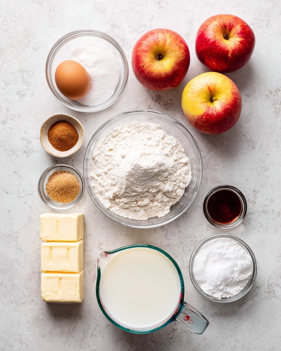 The image shows a white marbled surface with baking ingredients neatly arranged: two red and yellow apples at the top right, a brown egg in a small clear bowl above them, a medium bowl filled with white flour in the middle, a small bowl of salt to the left, a small bowl of dark brown vanilla extract next to the salt, a small bowl of white baking powder to the right of the flour, and a small bowl of light brown sugar below the salt. Below the flour is a stick of butter with markings, and at the bottom is a clear measuring cup filled with white milk. Photo taken with an iphone --ar 4:5 --v 7