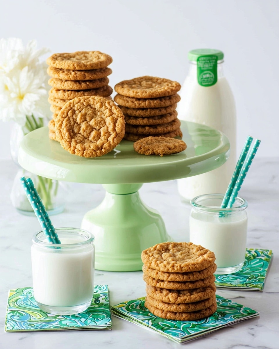 The image shows several stacks of golden brown cookies with a crumbly texture, arranged on a pale green cake stand with a smooth, glossy finish. The cookies are in three stacks on the cake stand, with one single cookie placed beside the stands' pedestal. In the foreground, there are two smaller stacks of cookies, each set on top of folded green and blue patterned napkins. Two clear glasses filled with white milk have turquoise straws with white polka dots. Behind the cake stand, there is a white milk bottle with a green label and white flowers placed next to it. All items rest on a white marbled surface. photo taken with an iphone --ar 4:5 --v 7