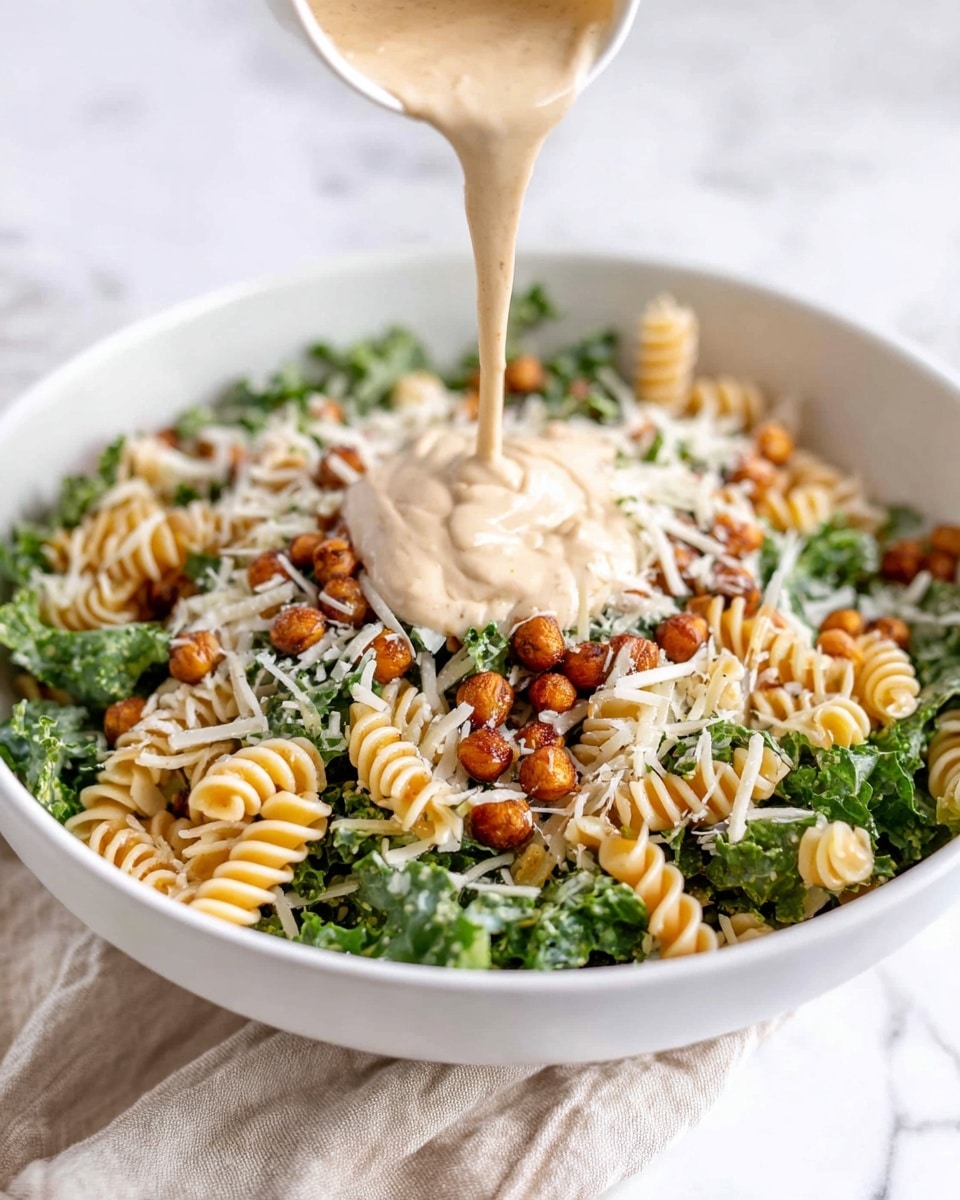 A white bowl holds a fresh salad with three main layers: the bottom layer is green kale leaves mixed with some herbs, the middle layer has light beige rotini pasta spirals, and the top layer features small brown roasted chickpeas and white shaved cheese scattered throughout. In the center, a thick creamy beige dressing is being poured over the salad, creating a smooth texture on top. The bowl sits on a soft beige cloth over a white marbled surface. Photo taken with an iphone --ar 4:5 --v 7