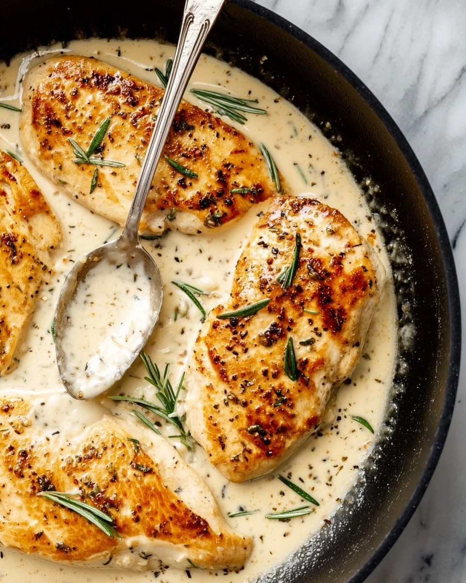 A close-up view of three golden-brown cooked chicken breasts sitting in a creamy white sauce inside a black pan. The chicken pieces have a slightly crispy texture with browned grill marks, and the creamy sauce is speckled with small black pepper bits and fresh green rosemary leaves scattered on top. A silver spoon rests on the left side dipping into the sauce, with the creamy texture coated on the spoon’s bowl. The background shows a white marbled surface. photo taken with an iphone --ar 4:5 --v 7